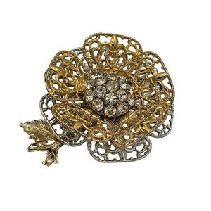 Huge Layered 3D Two Tone Filigree Flower Brooch Vintage Rhinestone Elegant